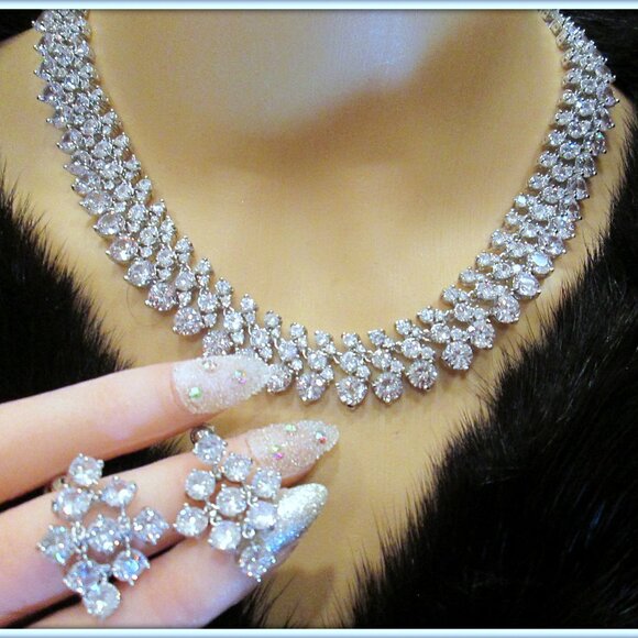 AAA GRADE SAPPHIRE ZIRCON BRILLIANT CUT STONE LADIES 18K GOLD NECKLACE EARRING